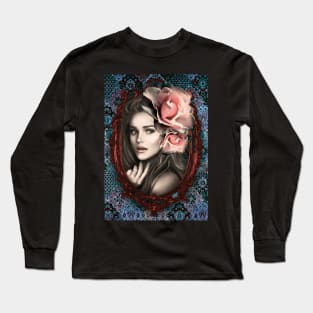 Pink and Blue rose Girl Portrait Digital Art Long Sleeve T-Shirt